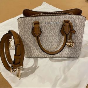 Michael Kors Camille Small Logo and Leather Satchel in vanilla/acorn